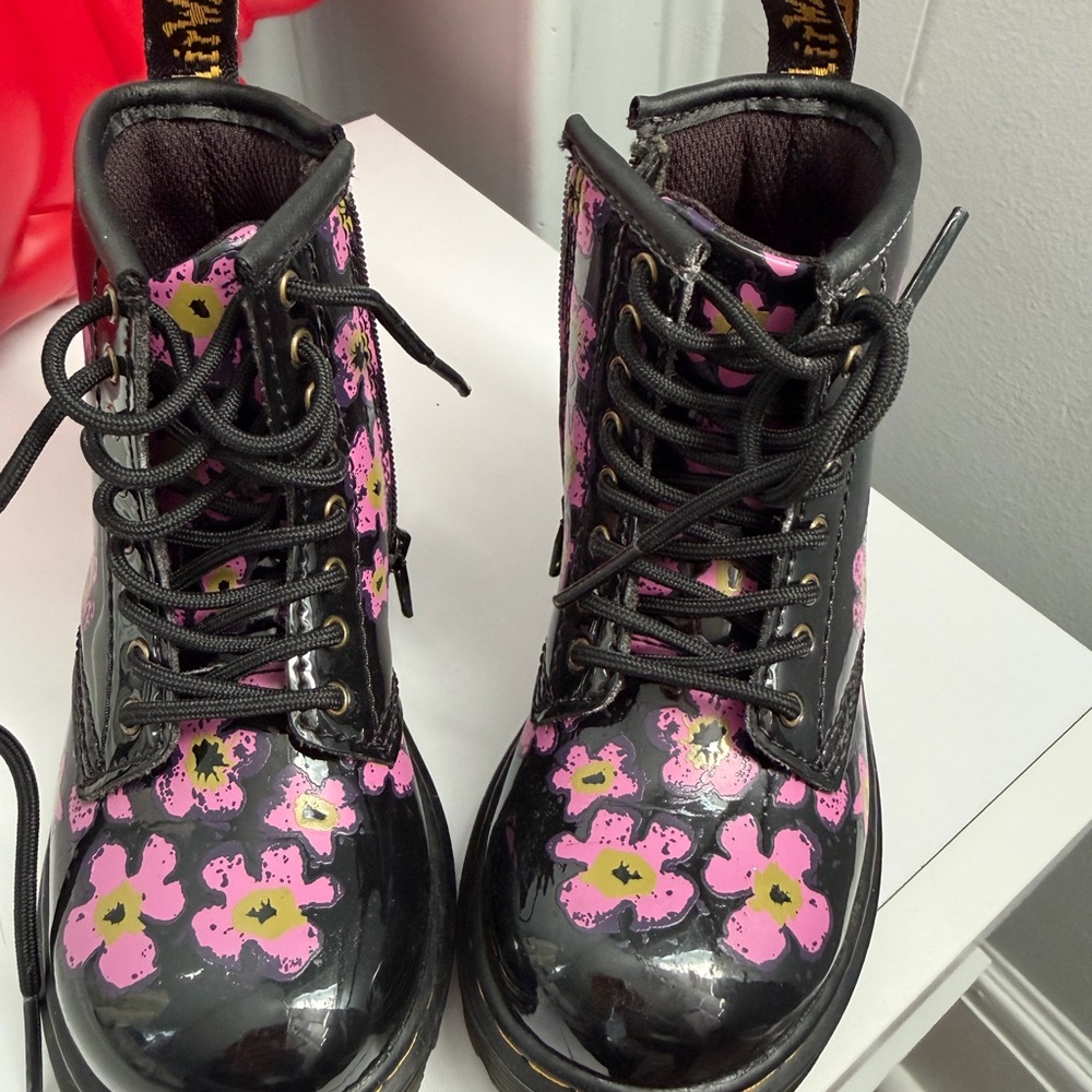 Dr. Martens Black and Pink Floral Combat Boots